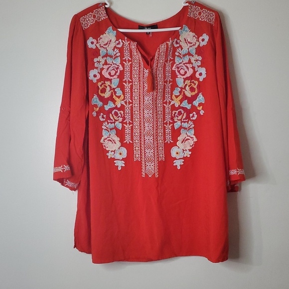 ANDREE BY UNIT Tops - Andree By Unit Womens Plus Size BoHo Embroidered Spring Summer Blouse Top 1X